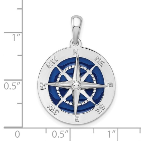 925 Sterling Silver Blue Enameled Large Nautical Compass Pendant Necklace w Chai - Picture 2 of 7